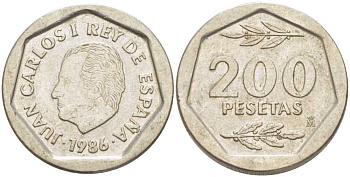 ИСПАНИЯ 200 ПЕСЕТ 1986 ХУАН КАРЛОС I (1975-) KM 829 медно-никель 210-913