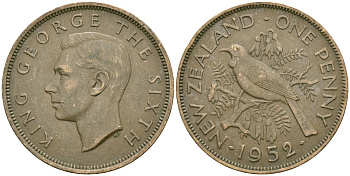 Новая Зеландия 1 пенни 1952 Георг VI (1936-1952), новозеландский туи KM 21 бронза 4120-116