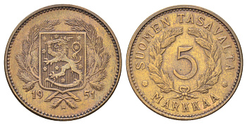 Финляндия 5 марок 1951 H KM 31a латунь 4666-833