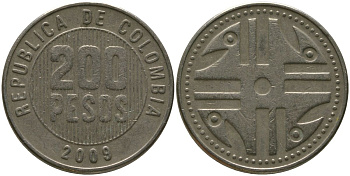Колумбия 200 песо 2009 KM 287.4, Schon 113, Restrepo 446 никель латунь 4538-415