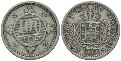 ПОРТУГАЛИЯ 100 РЕЙС 1900 КАРЛОС I (1889-1908) KM 546 медно-никель 34-855
