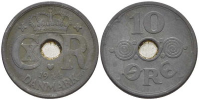 ДАНИЯ 10 ЭРЕ 1944 N ; GJ, КРИСТИАН X (1912-1947) KM 822.2а цинк 4383-155
