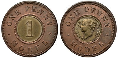 Великобритания 1 пенни ND (1844) модель монеты Виктории в 1 пенни, Джозеф Мур биметалл 1524-622