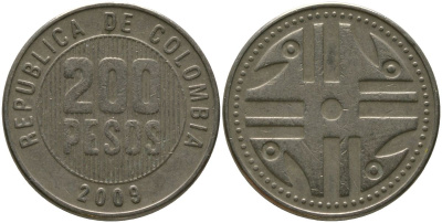 Колумбия 200 песо 2009 KM 287.4, Schon 113, Restrepo 446 никель латунь 4538-415