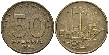 ГДР 50 пфеннигов 1950 А, фабрика KM 4 алюминиевая бронза 4575-447