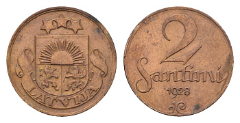 Латвия 2 сантима 1928 KM 2 бронза 4679-226
