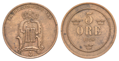 Швеция 5 эре 1880 Оскар II (1872-1907) KM 736 бронза 1518-743