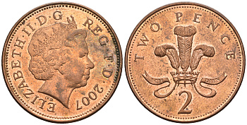 Великобритания 2 пенса 2007 Елизавета II (1952-2022) KM 987, Spink 4690 (C5) сталь плакированная медью 177-754