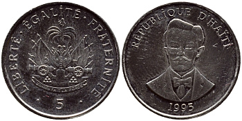 Гаити 5 сантимов 1995 Шарлемань Перальт KM 154а сталь плакированная никелем UNC 4609-113