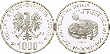 Польша 1000 злотых 1988 MW, чемпионат мира по футболу в Италии 1990 года, стадион, PROBA, тираж 7000 экземпляров KM Pr 581, Parchimowicz P.496a серебро PROOF 1082-1-45
