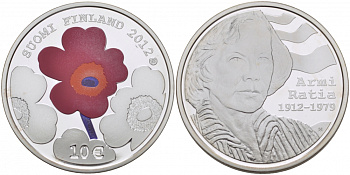 Финляндия 10 евро 2012 Арми Ратия (1912-1979), эмаль KM 188 серебро PROOF 11-098-22