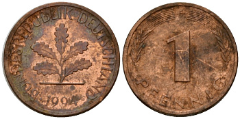 ФРГ 1 пфенниг 1994 F KM 105, J.380 сталь плакированная медью 4602-816