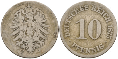 Германия 10 пфеннигов 1875 J J. 4,  KM 4 медно-никель    4603-511
