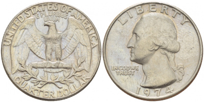 США 25 центов (квотер) 1974 Вашингтон KM 164a медь плакированная медно-никелем 4546-1253