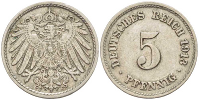 ГЕРМАНИЯ 5 ПФЕННИГОВ 1913 F KM 11, J. 12 медно-никель 105-163