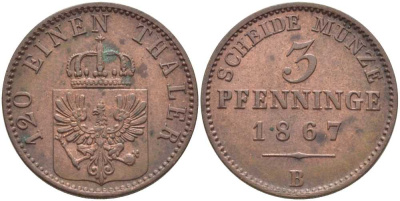 ПРУССИЯ 3 ПФЕННИГА 1867 В, ВИЛЬГЕЛЬМ I (1861-1888) KM 482 медь 117-932