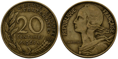 Франция 20 сантимов 1967 KM 930 алюминиевая бронза 4138-345