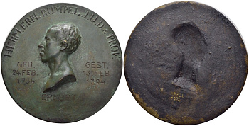 Германия медаль 1924 Герман Эрнст Румпель (родился 24 февраля 1734 - скончался 13 февраля 1794) Эрфурт, немецкий профессор, директор, библиотекарь, юрист, диаметр 103 мм, бронза 3-5-2-14