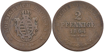 Саксония 2 пфеннига 1864 В, Иоганн (1854-1873) KM 1217, Jaeger 121, AKS 155 медь 100-331