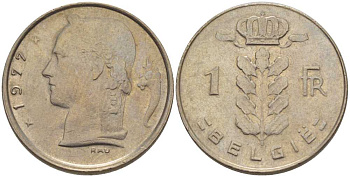 БЕЛЬГИЯ 1 ФРАНК 1977 BELGIE, БОДУЭН I (1951-1993) KM 143.1 медно-никель 202-1113