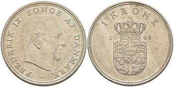 ДАНИЯ 1 КРОНА 1968 C; S, ФРЕДЕРИК IX (1947-1972) KM 851.1 медно-никель 95-515
