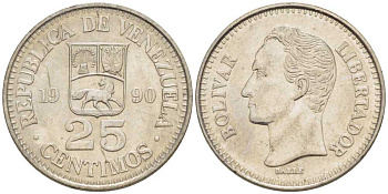 ВЕНЕСУЭЛА 25 СЕНТИМО 1990 СИМОН БОЛИВАР KM 50а сталь плакированная никелем 105-827