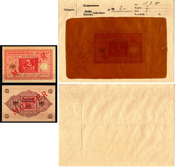 Германия 2 марки 1920 темно-розовый, 1 марта, MUSTER, образец, Specimen. В оригинальном банковском конверте. Из коллекции Отто Сейфферта (помощник Ялмара Шахта - министра экономики Германии и президента Рейхсбанка времен третьего рейха) Pick 60 s, Grabows