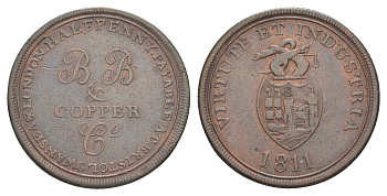 Великобритания, Бристоль 1/2 пенни 1811 гурт шнур вправо, Британская медная компания, токен Withers 451, Davis 107 медь 3711-342