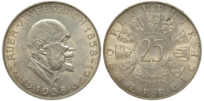Австрия 25 шиллингов 1958 100 лет со дня рождения Карла Вельсбаха KM 2884 серебро aUNC 1520-145