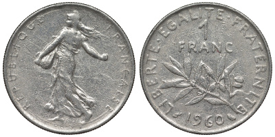 Франция 1 франк 1960 сеятель KM 925.1, Le Franc 226.5 никель 4128-424