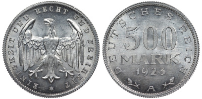 Германия 500 марок 1923 А KM 36, J.305 алюминий UNC 4587-441