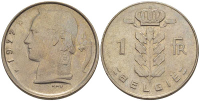 БЕЛЬГИЯ 1 ФРАНК 1977 BELGIE, БОДУЭН I (1951-1993) KM 143.1 медно-никель 202-1113