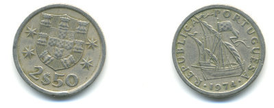 ПОРТУГАЛИЯ 2,5 ЭСКУДО 1974 ПАРУСНИК KM 590 медно-никель 3999-832