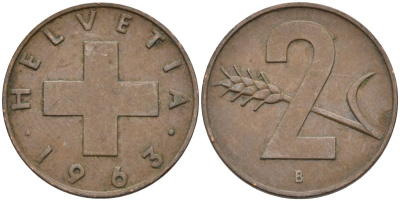 Швейцария 2 раппена 1963 В KM 47 бронза 4586-115