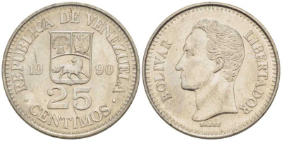 ВЕНЕСУЭЛА 25 СЕНТИМО 1990 СИМОН БОЛИВАР KM 50а сталь плакированная никелем 105-827