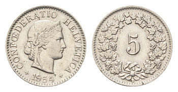 Швейцария 5 раппенов 1954 B KM 26 медно-никель 4705-849
