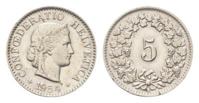Швейцария 5 раппенов 1954 B KM 26 медно-никель 4705-849