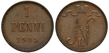 Россия для Финляндии 1 пенни 1905 Николай II (1894-1917) Биткин 466 медь 3309-826