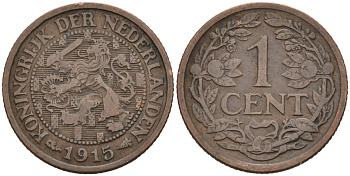 Нидерланды 1 цент 1915 Вильгельмина (1890-1948) KM 152 бронза 4576-715