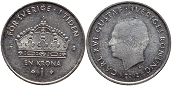 Швеция 1 крона 2002 Карл XVI Густав (1973- ) KM 894 медно-никель 4380-313