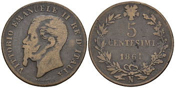 Италия 5 чентезимо 1861 N KM 3.3 медь 176-1321