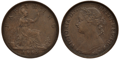 Великобритания 1 фартинг 1885 Виктория (1837-1901) KM 753, Spink 3958 бронза 1523-1232