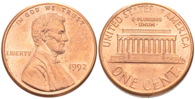 США 1 ЦЕНТ 1992 ЛИНКОЛЬН KM 201b цинк плакированный медью UNC 187-664