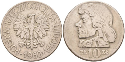 ПОЛЬША 10 ЗЛОТЫХ 1960 MW, ТАДЕУШ КОСТЮШКО KM 50 медно-никель 4545-835