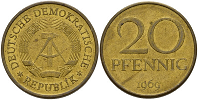 ГДР 20 пфеннигов 1969 A, первый год KM 11 латунь 92-816