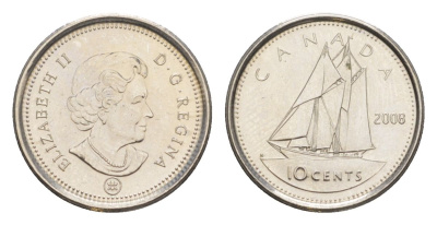 Канада 10 центов 2008 Leaf, Елизавета II (1952-2022), парусник KM 492 сталь плакированная никелем UNC 4630-862