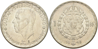 Швеция 1 крона 1948 TS, Густав V (1907-1950) KM 814 серебро 3851-921