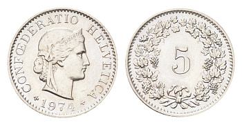 Швейцария 5 раппенов 1974 KM 26 медно-никель 4705-1263