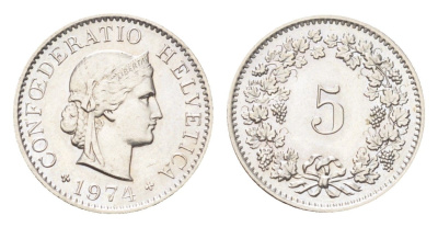Швейцария 5 раппенов 1974 KM 26 медно-никель 4705-1263