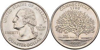 США 25 центов = квотер 1999 D, серия штаты США, Коннектикут KM 297 медь плакированная медно-никелем 4586-121